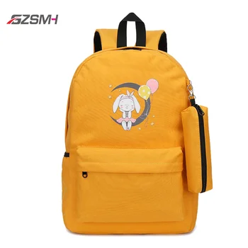 

Canvas Backpack Waterproof Woman Backbag Large Capacity Solid Color Primary School Bags Moon Rabbit Pringting Dayback Bookbag