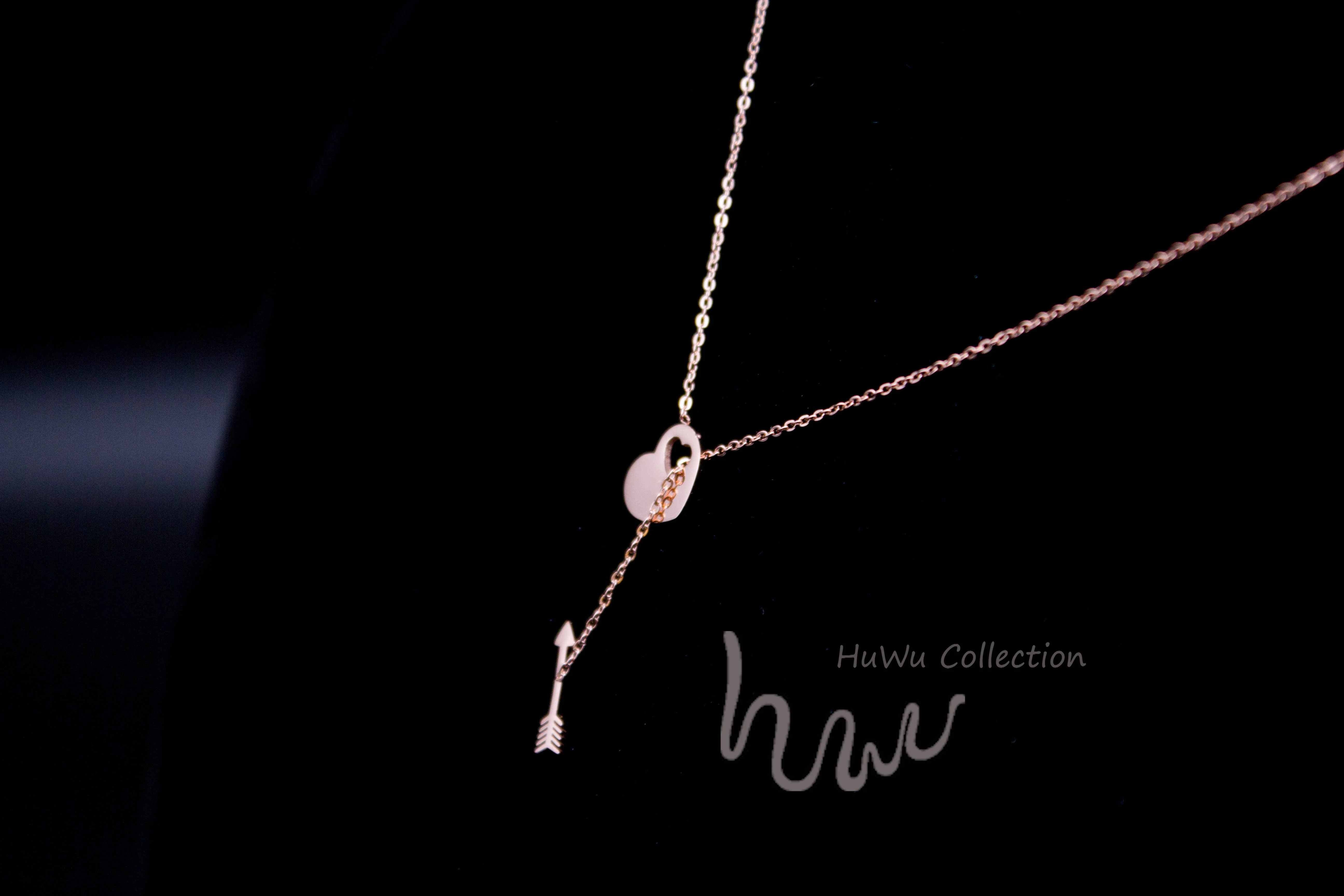 Arrow and Heart Double Pendants Women's Adorable Necklace Anti-Allergy Stainless Steel Covered by Rose Gold