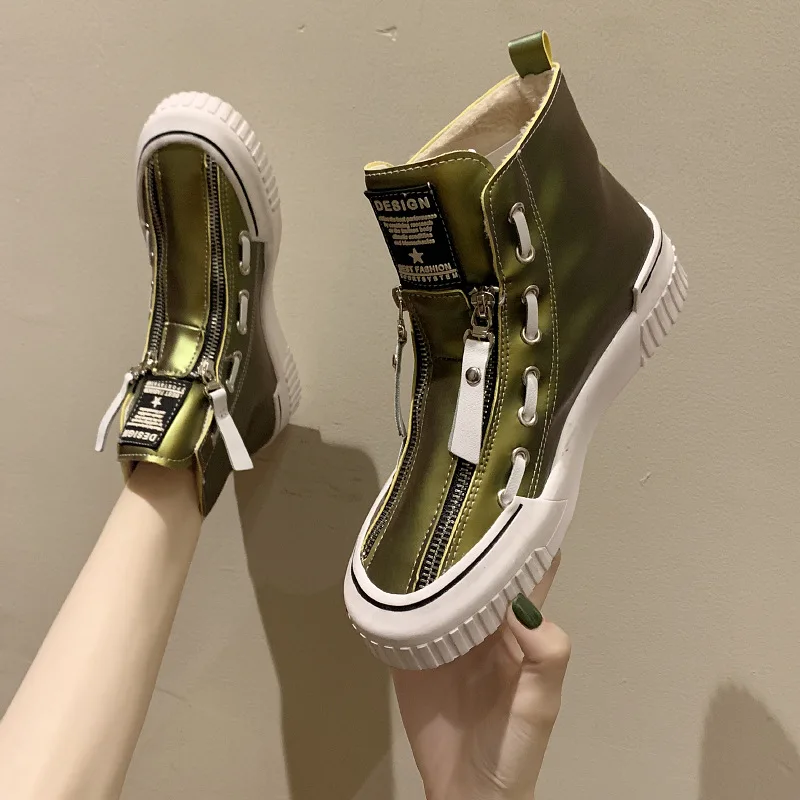 Winter Glitter Color Women High-top PU Sneakers Female Sports Skateboarding Shoes Zipper Plus Velvet Shoes Boots Wild Sneakers