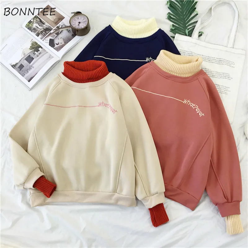  Hoodies Women Turtleneck Patchwork Thicken Winter new Outwear Hoodie Korean Streetwear Casual Pullo