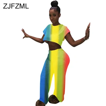 

Rainbow Gradient Sexy 2 Piece Outfits for Women O-Neck Short Sleeve Crop T-Shirt + Side Pockets Wide Leg Pants Summer Sweatsuit