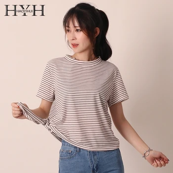 

HYH Haoyihui New Fashion Casual Simple Basic Personality Tie With Design Striped Round-neck Short-sleeved T-shirt For Women