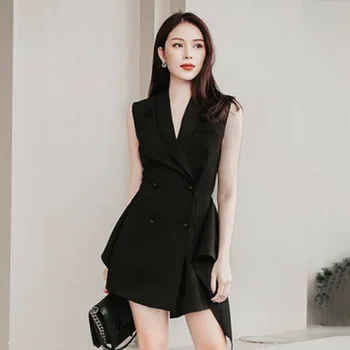 

[EWQ]2020 Spring Summer New Pattern Concise Temperament Grace Deep V Lead Self-cultivation Both Row Buckle Irregular Dress AD156