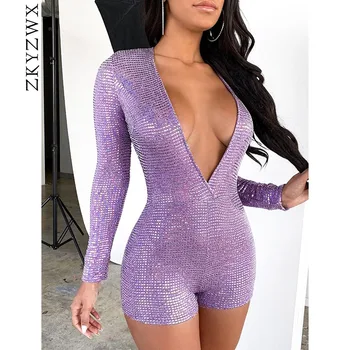 

ZKYZWX Shining Sexy Bodycon Playsuit Fashion Rave Body Fall Deep V Neck Long Sleeve One Piece Rompers Women Jumpsuit Shorts