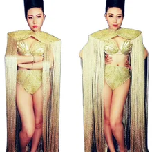 

Gold Shining Long Fringes Decoration Rope Appliques Bikini Three-Piece Suit Ladies Nightclub Performance Dance Show Stage Wear