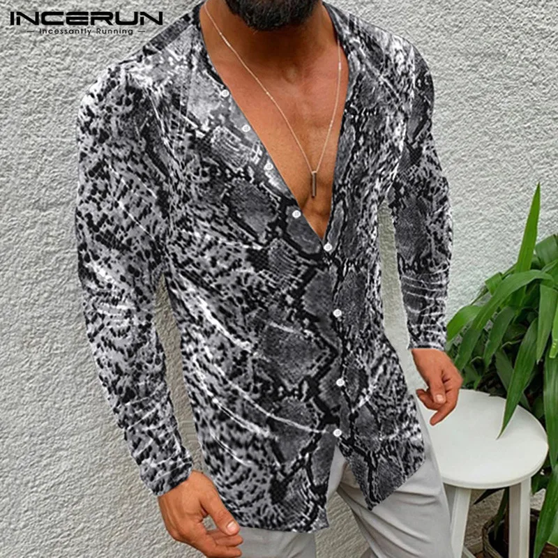 INCERUN, леопардовая расцветка, мужская рубашка, глубокий v-образный вырез, на пуговицах, длинный рукав, сексуальная блуза,, уличная одежда, Camisas Hombre, вечерние, повседневные рубашки