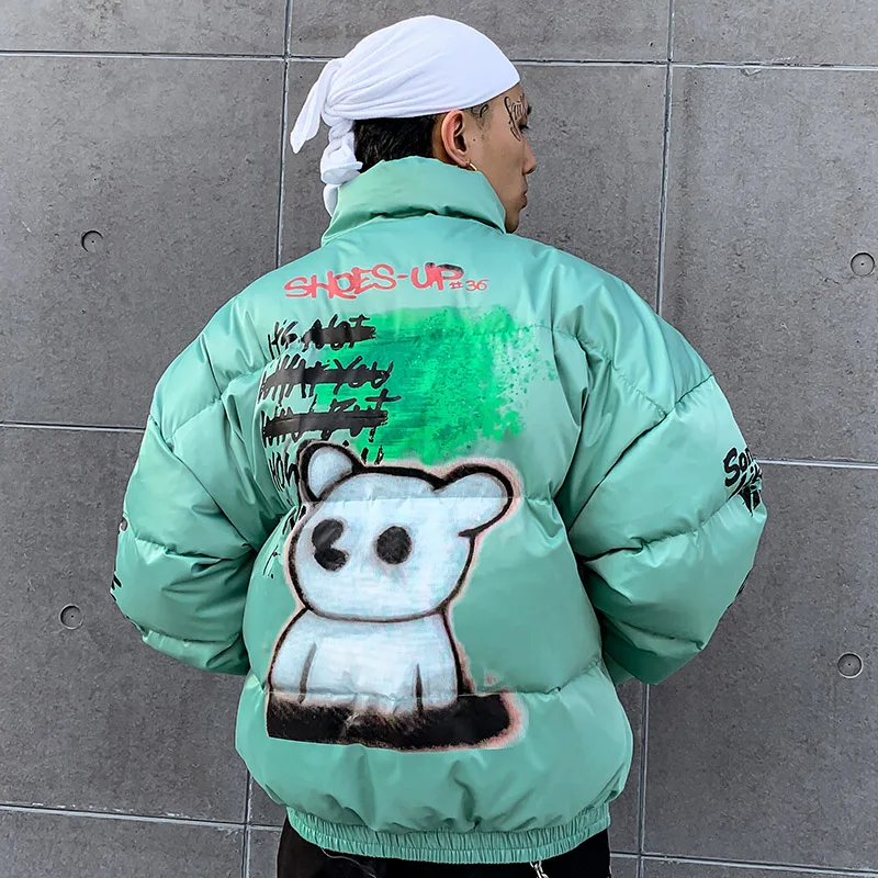 Мужские парки с рисунком медведя, ветровка Harajuku, зимняя стеганая куртка, пальто, теплая верхняя одежда, толстая куртка в стиле хип-хоп, уличная одежда