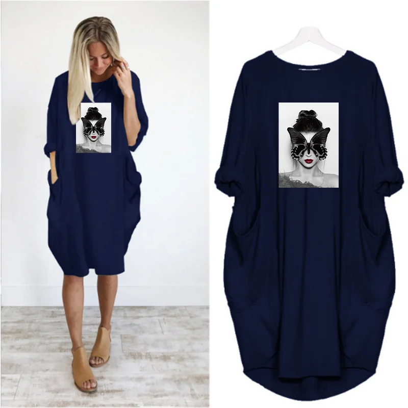 Plus Size Nordic Art Dress Butterfly Girl Cool Women Midi Dresses O-Neck Autumn Thin Long Sleeve Pockets Loose Party Vestidos