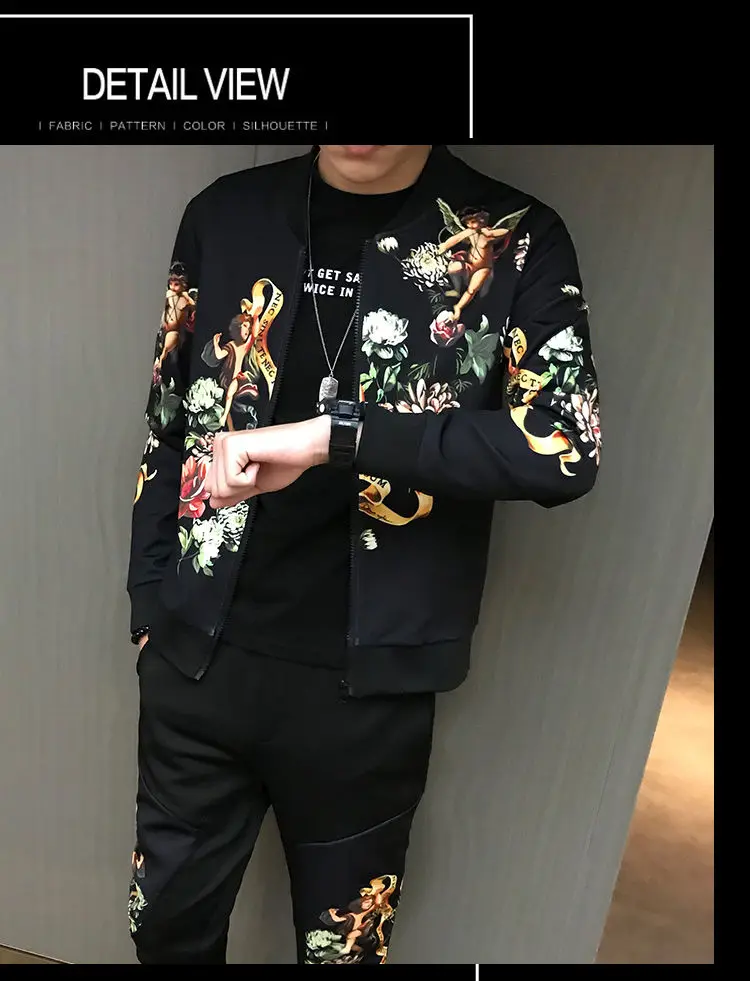 Society Trend Slim Fit Mens Set Coat Zipper Autumn Sportswear Print Casual Tracksuit Man Sweatshirt Man Jacket Plus Velvet