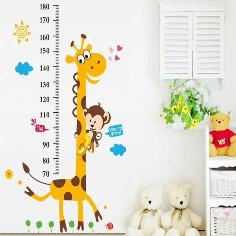 Жираф Обезьяна мультфильм высота измерения наклейки на стену для детской комнаты диаграмма роста детей спальня, Детская комната Декор комнаты Наклейка на стену