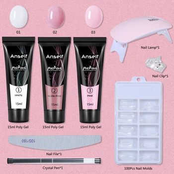

Anself DIY Nail Extension Set 3 Colors 15ml Poly Gel + 100Pcs Nail Molds + Nail Lamp + Nail File + Crystal Pen + Nail Clip