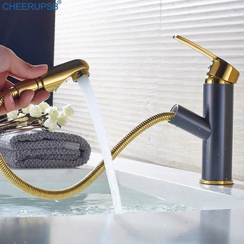 

Bathroom Tap Pull Out Copper Faucet Hot Cold Mixer Faucets Black Paint Column Water Taps Modern Gold Torneira Banheiro Lavabo B2