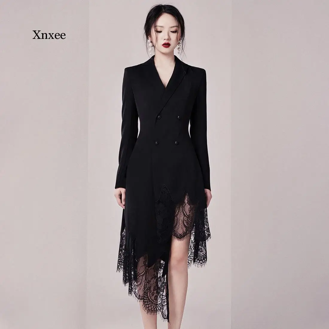 

2021 New Spring Autumn Irregular Notched Double Breasted Dress Lace Pachtwork Asymmetrical Long Jacket Female Fashion Dresses