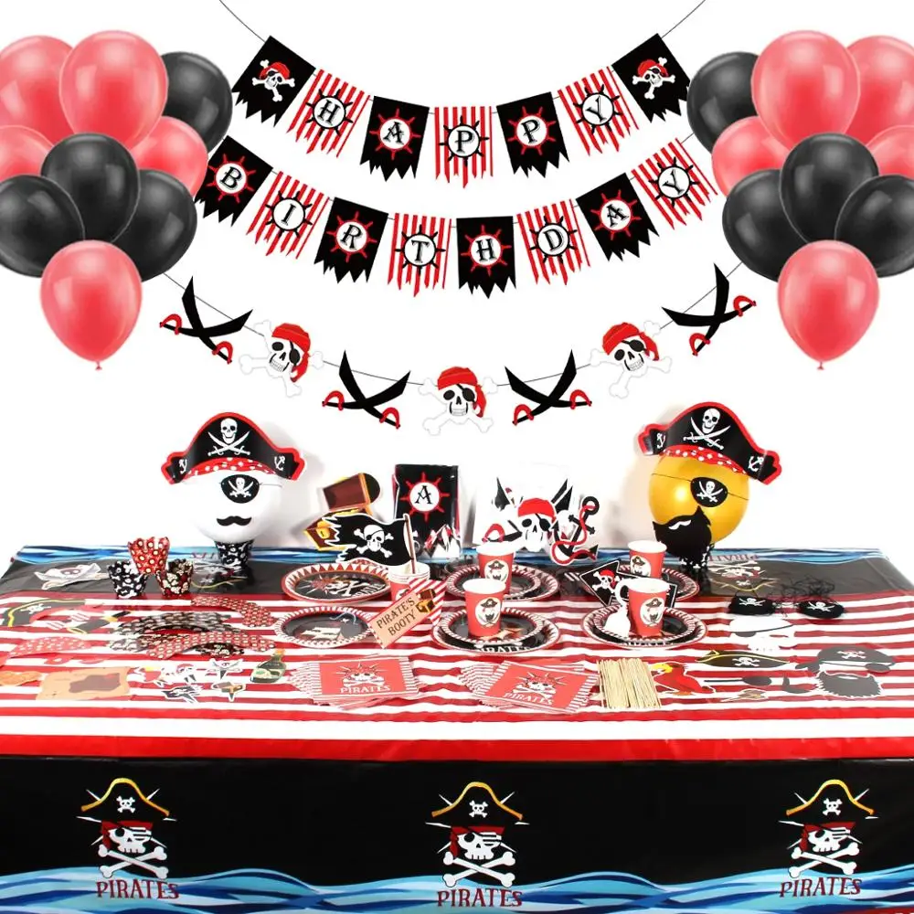 Pirate Theme Party Disposable Tableware Pirate Birthday Party Decoration  Kids Napkin Plate Cup Banner Birthday Party Supplies