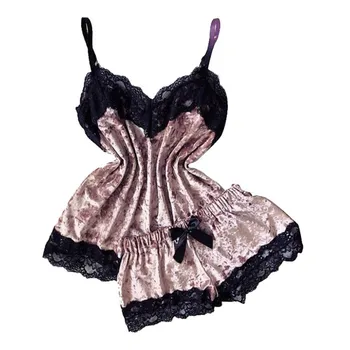 

Women's Pajama Set Sexy Lingerie Velvet Temptation Babydoll Nightwear Lace Sling Top and Shorts 2 Piece Sleep Suit Pijama Homewe