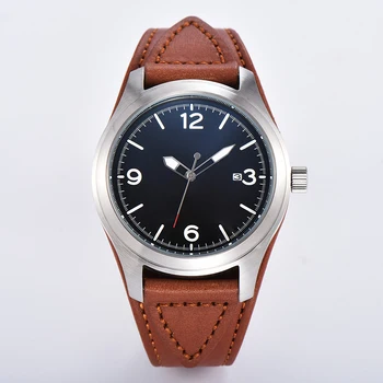 

Parnis 44mm black sterile dial luminous hands brown leather strap mechanical automatic movement men's pilot wrist watches