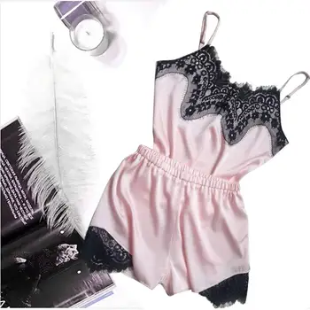 

Sexy Satin Women Sleepwear Set Solid Color Casual Nightwear Lace Sling Shorts Pajama Lingerie Set Koronkowa Pizama 2020 New Hot