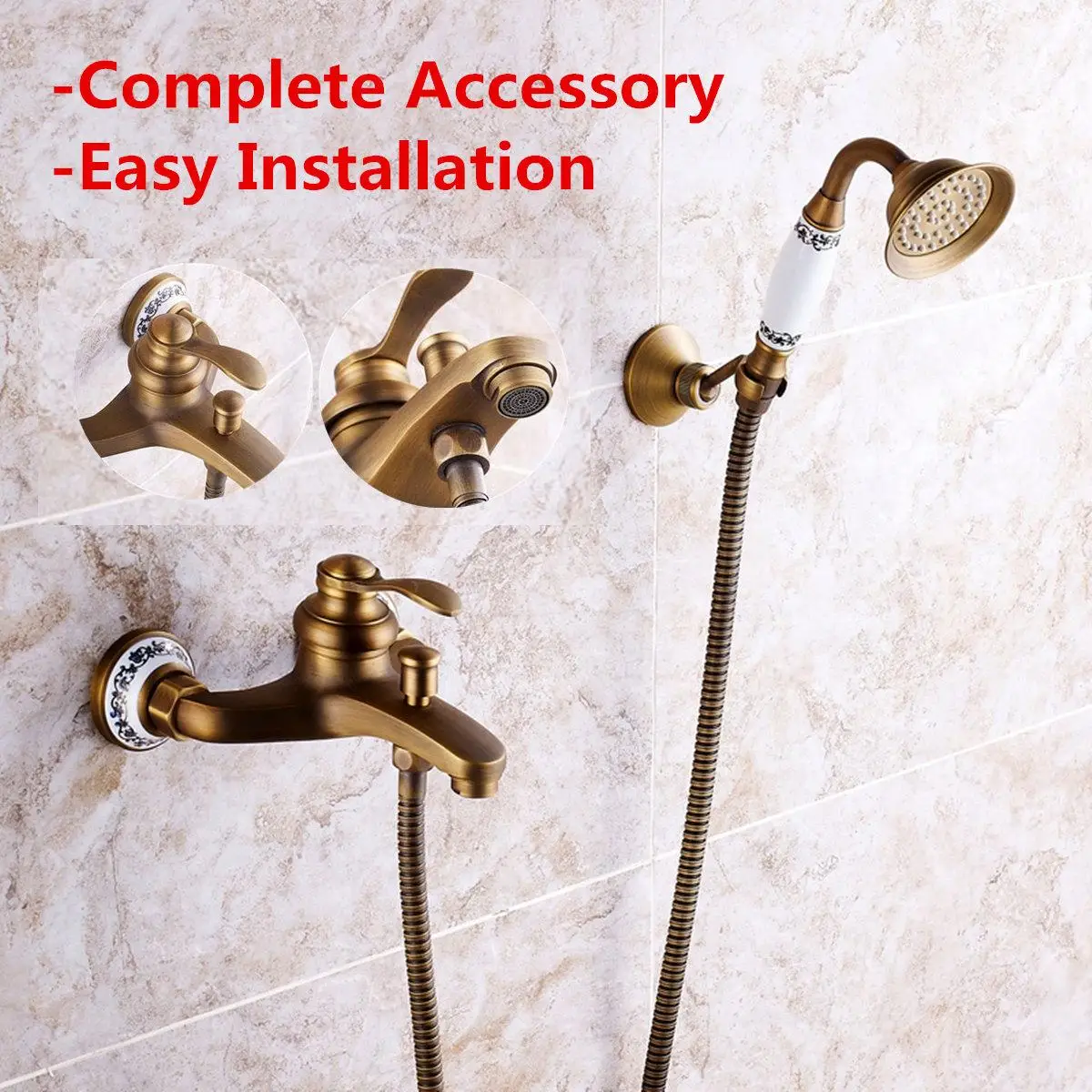 

New Wall Mounted Handhold Bathroom Tub Faucet Antique Brass Shower Head Water Tap Set Spout Hot Cold Mixer Bath Shoiwer Hardware