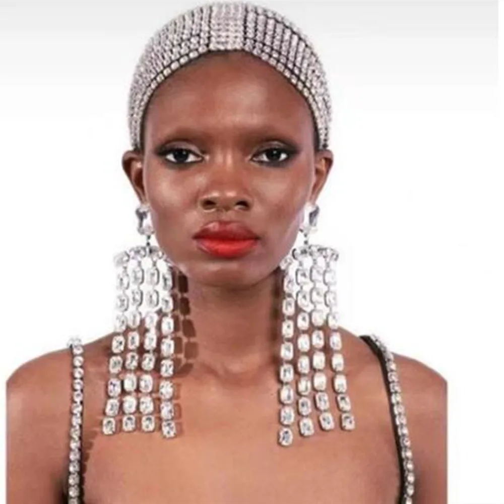 INS Colorful Rhinestone Long Tassel Square Pendant Hanging Earrings for Women Bling Crystal Geometric Big Drop Dangle Earrings