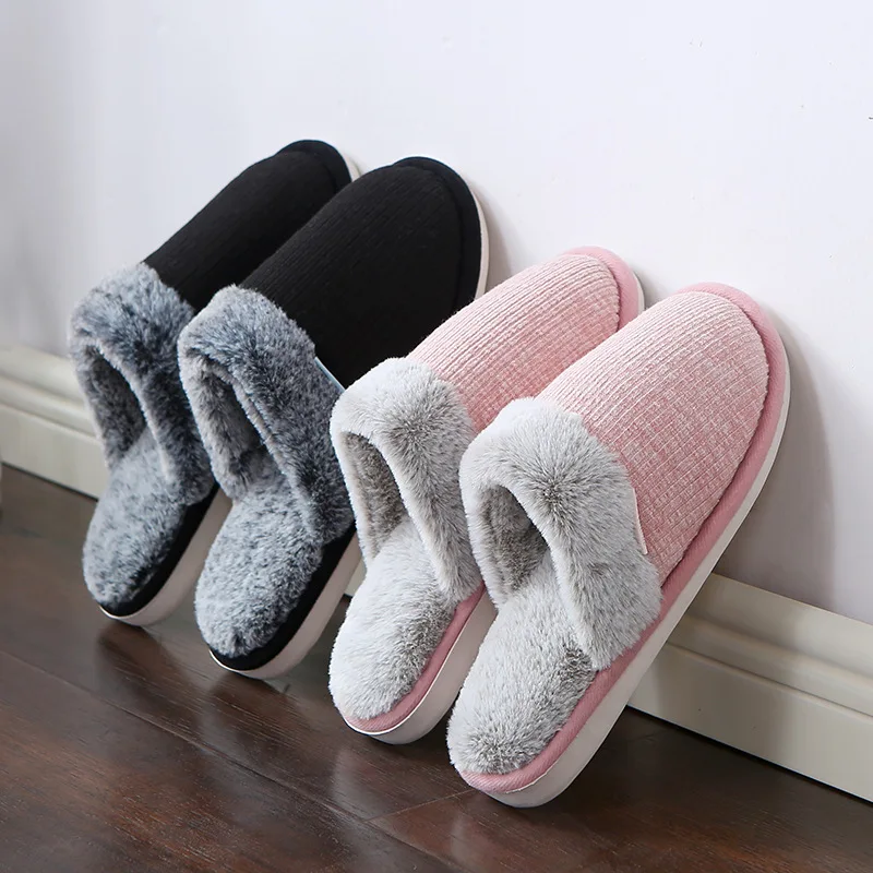 

Women Winter Home Couple Plush Cotton Drag Indoor Non-slip Thick-soled Warm Month Shoes Imitation Rabbit Fur Slippers