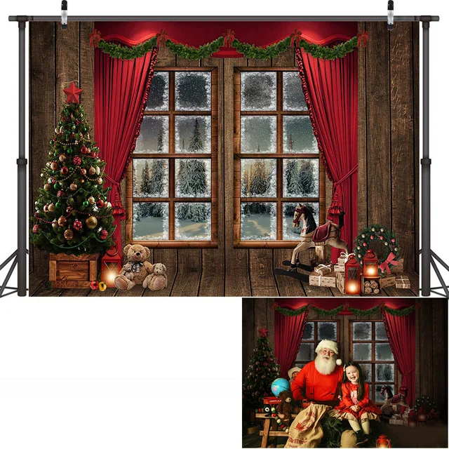 Christmas Window Backdrop Winter Snow Wonderland Birthday Portrait Background Curtain Wreath Christmas Tree Photography Props style-7