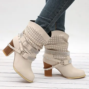 

2020 Boots For Women Shoes British Style Female Med Heels Mid Calf Boots Femenino Rhinestone Hollow Boot Feminine Botas De Mujer