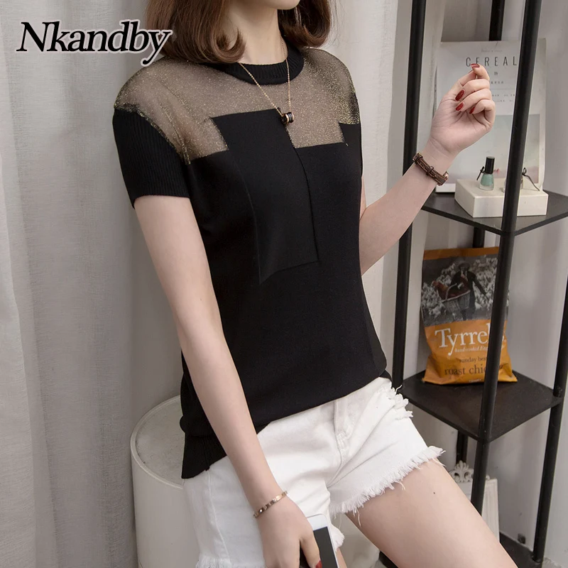 Nkandby-Camiseta de talla grande de seda de hielo para mujer, Tops de punto ajustados de retales de malla, camiseta negra de estilo coreano para mujer 2021
