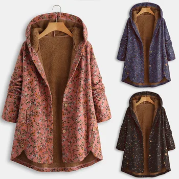 

Female Fashion Hooded Jacket Winter Women's Printing Plus Velvet Warm Outer Wear Pockets Large Size Coat Women's Jacket Autumn