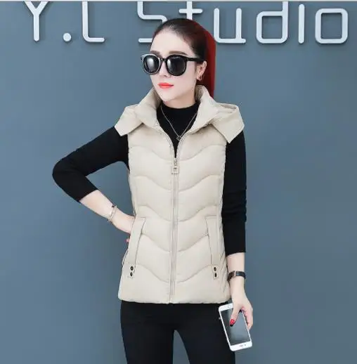 Beige White Зимний короткий женский жилет, толстый теплый осенний жилет без рукавов с капюшоном на молнии, Женская куртка с хлопковой подкладкой размера плюс 4xl M131 - Цвет: Beige White