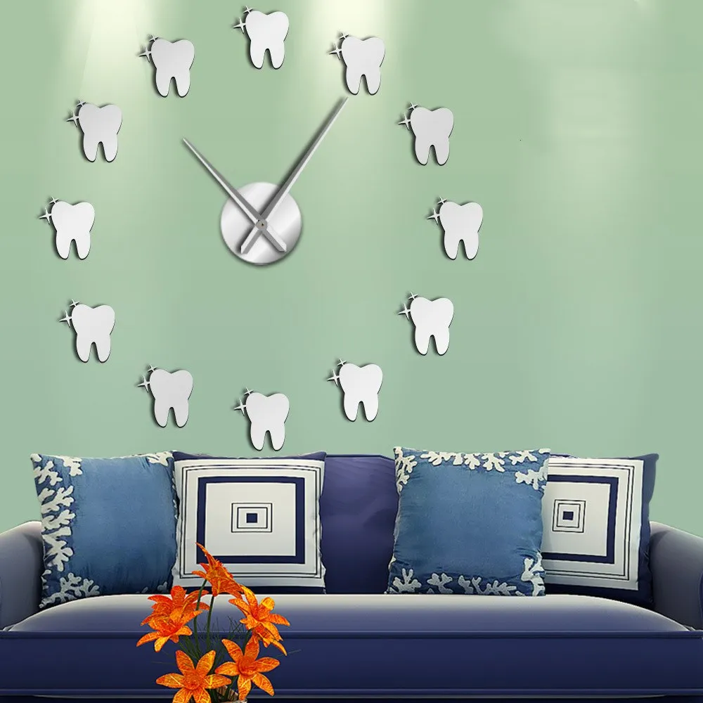 silver wall clcok Зубы большие настенные часы стоматологическая клиника домашний Декор современный дизайн настоящие большие diy бесшумные кварцевые настенные часы - Цвет: silver wall clcok