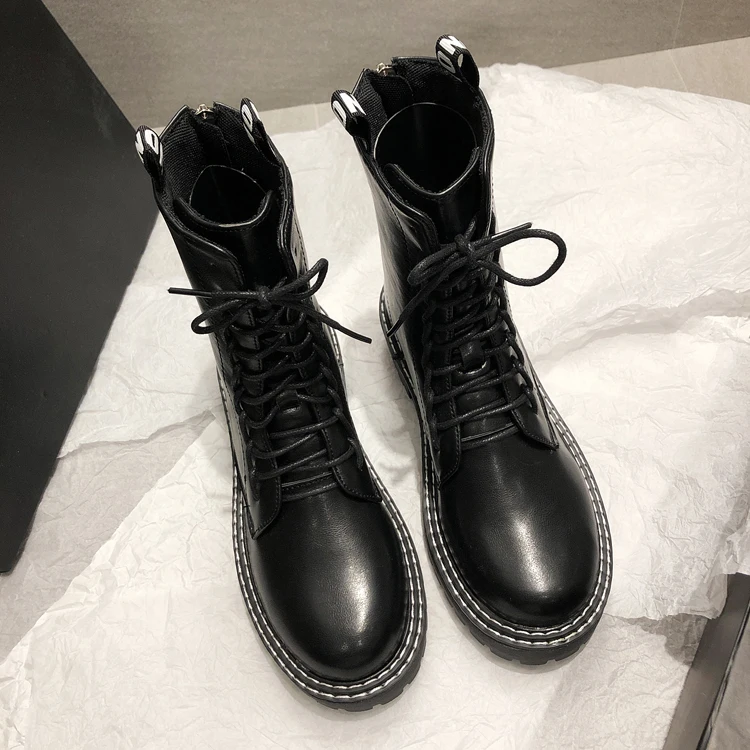 Универсальные черные ботинки на шнуровке; женская плюшевая кожаная обувь на платформе; Зимние Модные мотоциклетные ботинки в стиле панк; botte feminina martin; botas mujer