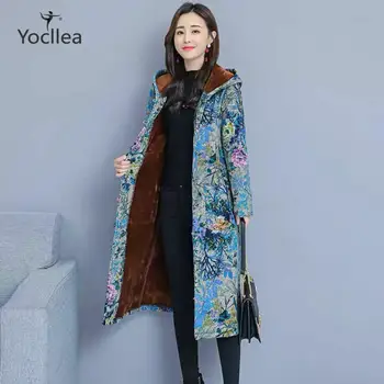

Warm Add Velvet Coat Winter Women long sleeve Cotton Linen Print Hooded Trench Outwear Female slim Autumn Long casual Trench