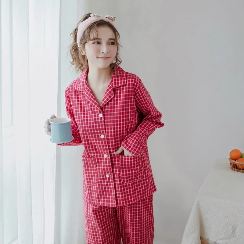 

Cotton Pajamas Women's Spring And Summer Plaid Woven Fabric Long Sleeve Trousers Pajamas Suit yan gui Beam Pajamas