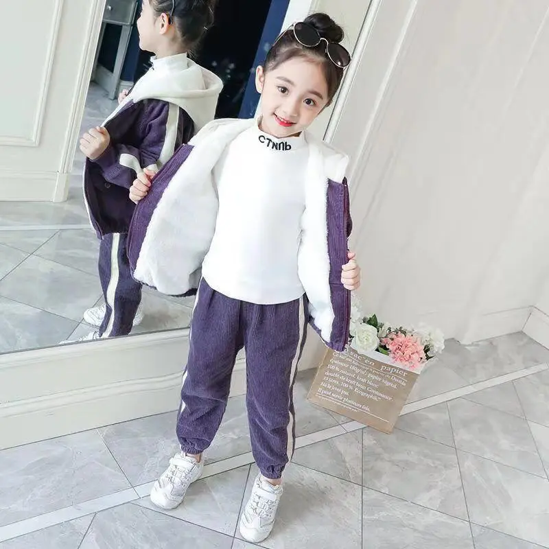 Purple plus velvet Костюм для девочек на осень и зиму новая детская куртка модная одежда из двух предметов повседневная одежда для девочек 6 810 12 лет - Цвет: Purple plus velvet