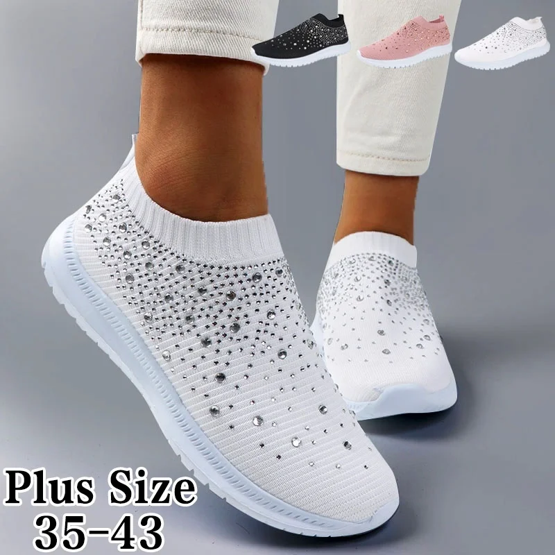 

WDHKUN Women's Ladies Ankle Shoes Flat Loafers Crystal Fashion Bling Sneakers Casual Ladies Slip On Breathable Casual Shoes
