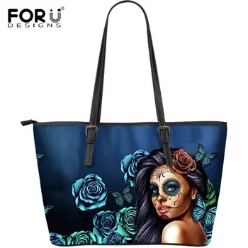 

FORUDESIGNS Women Fashion Purple Shoulder Bags Sugar Skull Bride Print Luxury Leather Tote Handbag Large Capacity Storage Bag