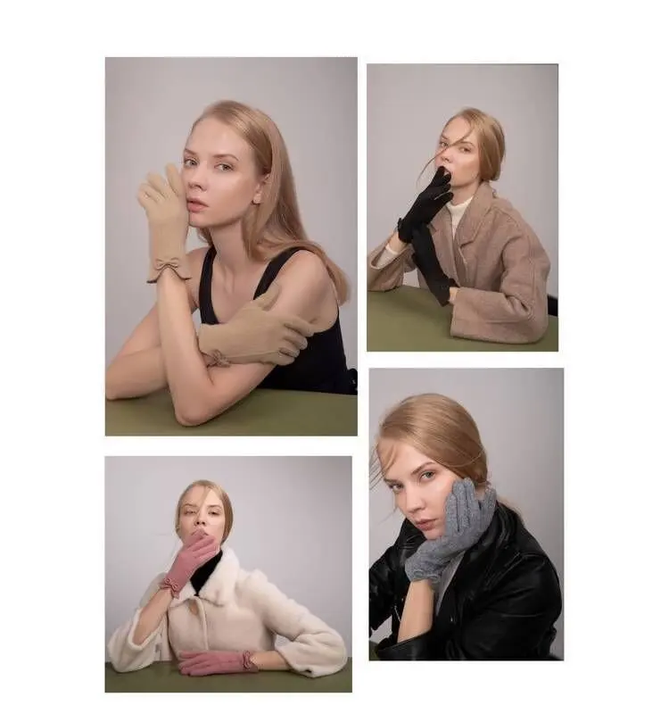 Женские перчатки с сенсорным экраном, Осень-зима, теплые, модные, простые, бант, чистый цвет, 20 см, для улицы, для езды, аксессуары для вождения, перчатки
