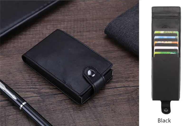 Стиль RFID визитница и минималистичный PU кошелек с металлической коробкой RF ID Блокировка карт держатель Мини Кошелек для мужчин и женщин - Цвет: Черный