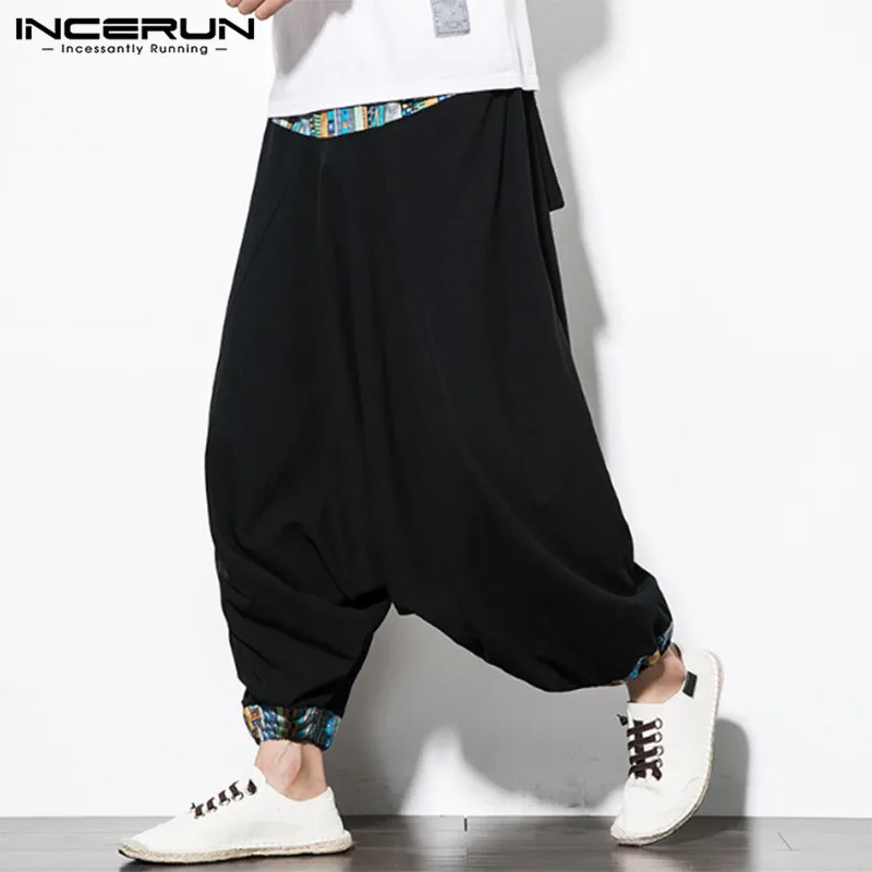 INCERUN/ мужские шаровары в китайском стиле, Свободные Лоскутные штаны в стиле ретро с заниженным шаговым швом, повседневные штаны для мужчин, уличная одежда, танцевальные штаны