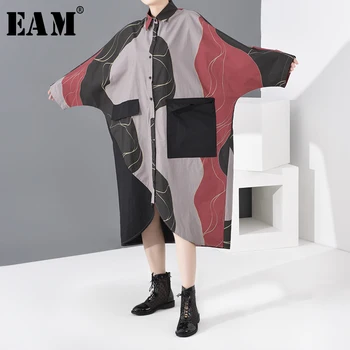 

[EAM] Women Pattern Printed Long Big Size Shirt Dress New Lapel Long Sleeve Loose Fit Fashion Tide Spring Autumn 2020 1R09003