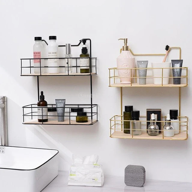 1pc Wall Mounted Bathroom Storage Rack, Gold Wall Organizer With Hook, For  Bathroom