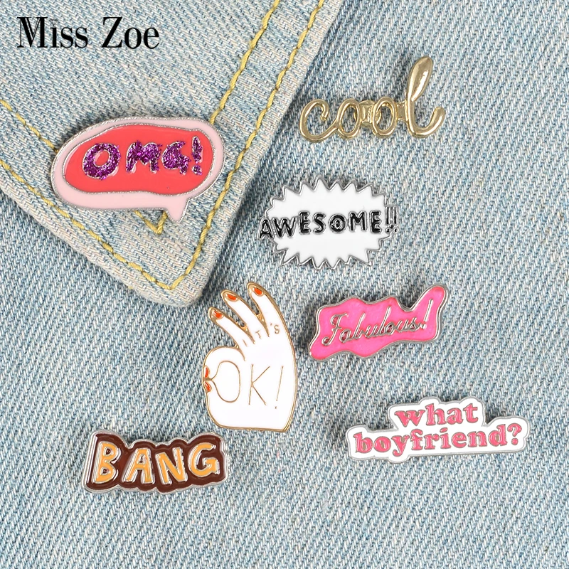 

Letters Phrase Enamel Pin OK cool OMG BANG Fabulous! Badge Custom Brooch Lapel Pin Shirt bag Cartoon Jewelry Gift for Kids