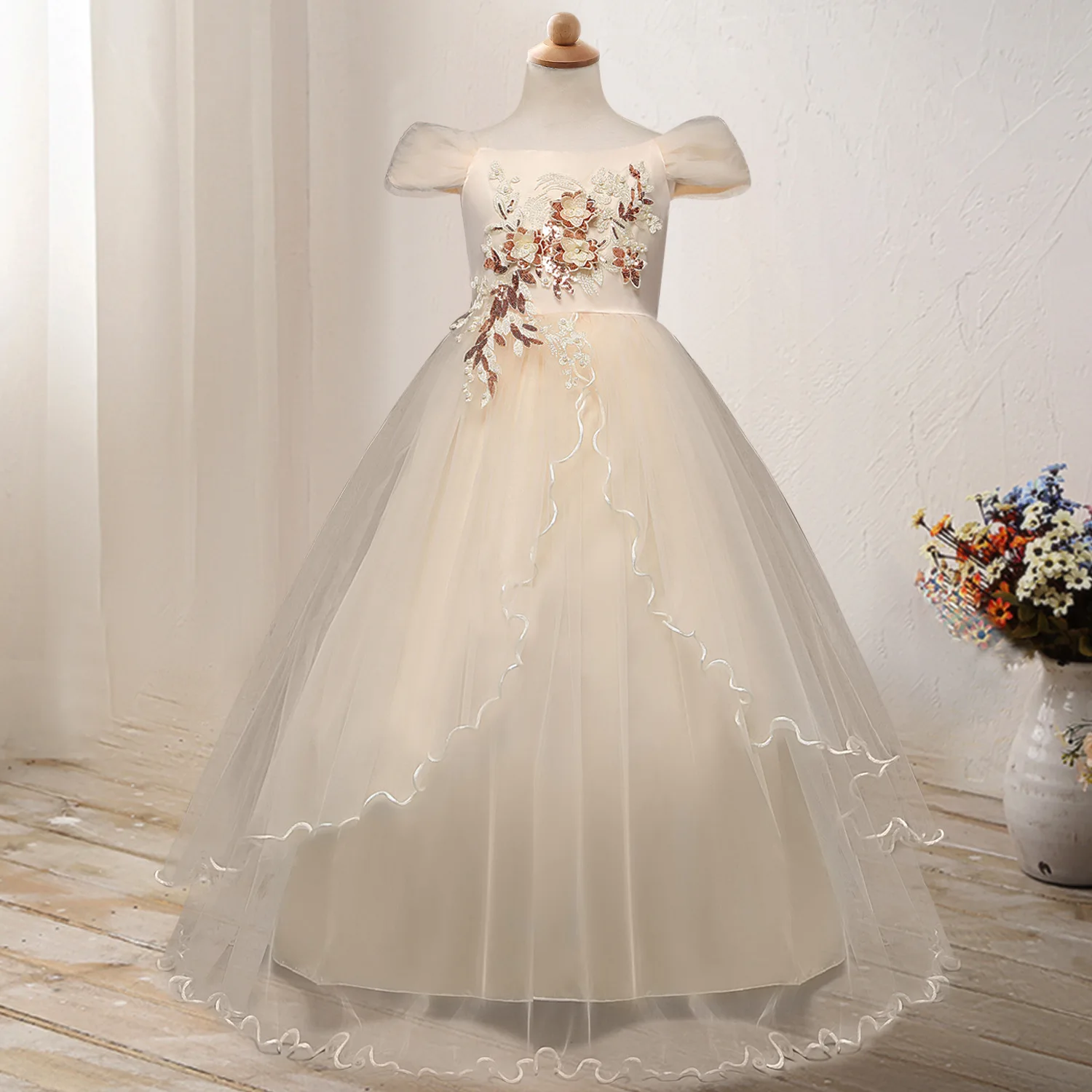 

2019 Children Catwalks Wedding Dress Kids Camisole off-Shoulder Gauze Piano Costume Host Long Skirts