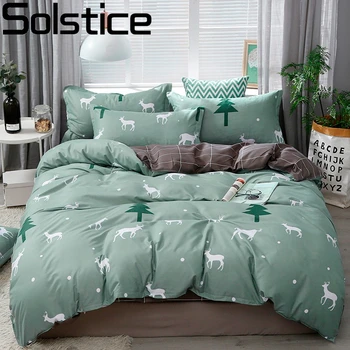 

Solstice Home Textile Single Twin Bedding Sets Deer Cartoon White Green Duvet Cover Pillowcase Sheet Teenage Kid Girl Bed Linens