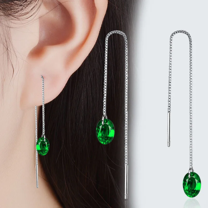 

Newest pendientes 925 Sterling Silver Earrings Green Twist Zircon Drop Earrings For Women Long Tassel Ear Line oorbellen brincos