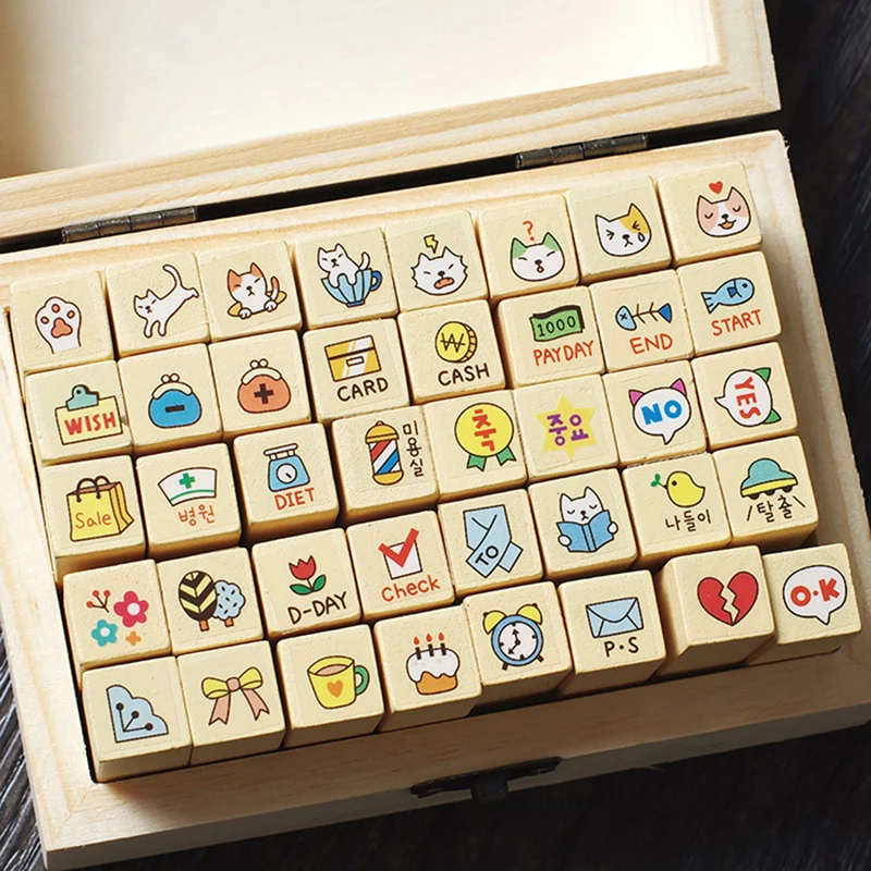40pcs Cute Cartoon Stamps Children Toy Wood Scrapbooking Stamper Kids Animals DIY Painting Photo Album Accessories Wooden box