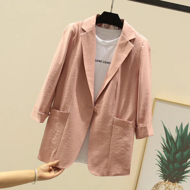 Spring Slim Small Jackets For Women Blazer 2021 New Linen Suit Coat Thin Three Quarter Coats Black Pink White Yellow | Женская одежда