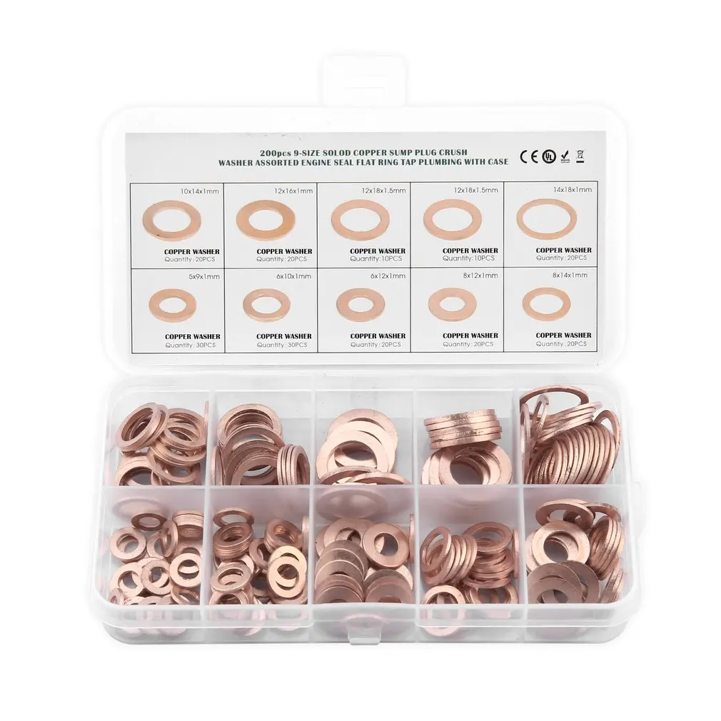 200Pcs Solid Copper Washer M5 M14 Flat Ring Sump Plug Oil Seal Assorted