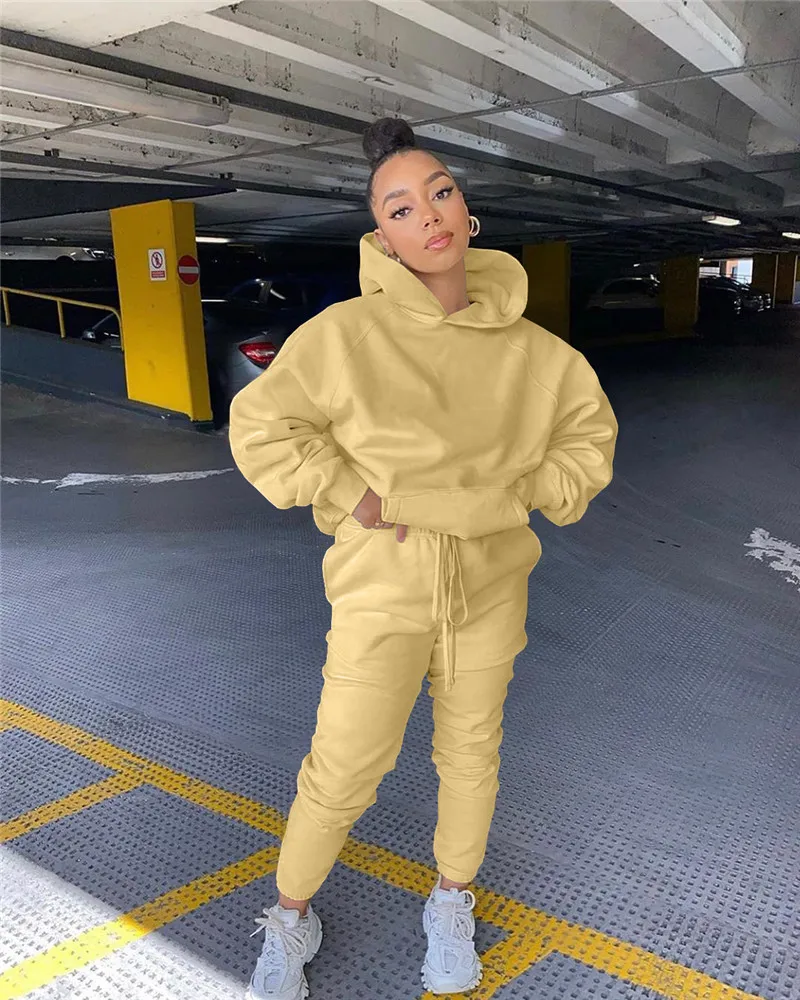 2021 Solid Women's 2 pcs Set Hooded Sweatshirt Jogger Pants Suit Tracksuit Matching Set Autumn Winter Casual Outfits women's shorts and blazer suit set