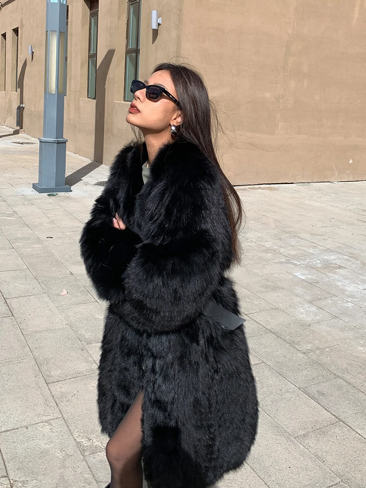 2022 Winter New Woman Natural Fox Fur Long Coat V-neck Fashion Black Women Genuine Leather Fox Fur Long Coats Outwear Female